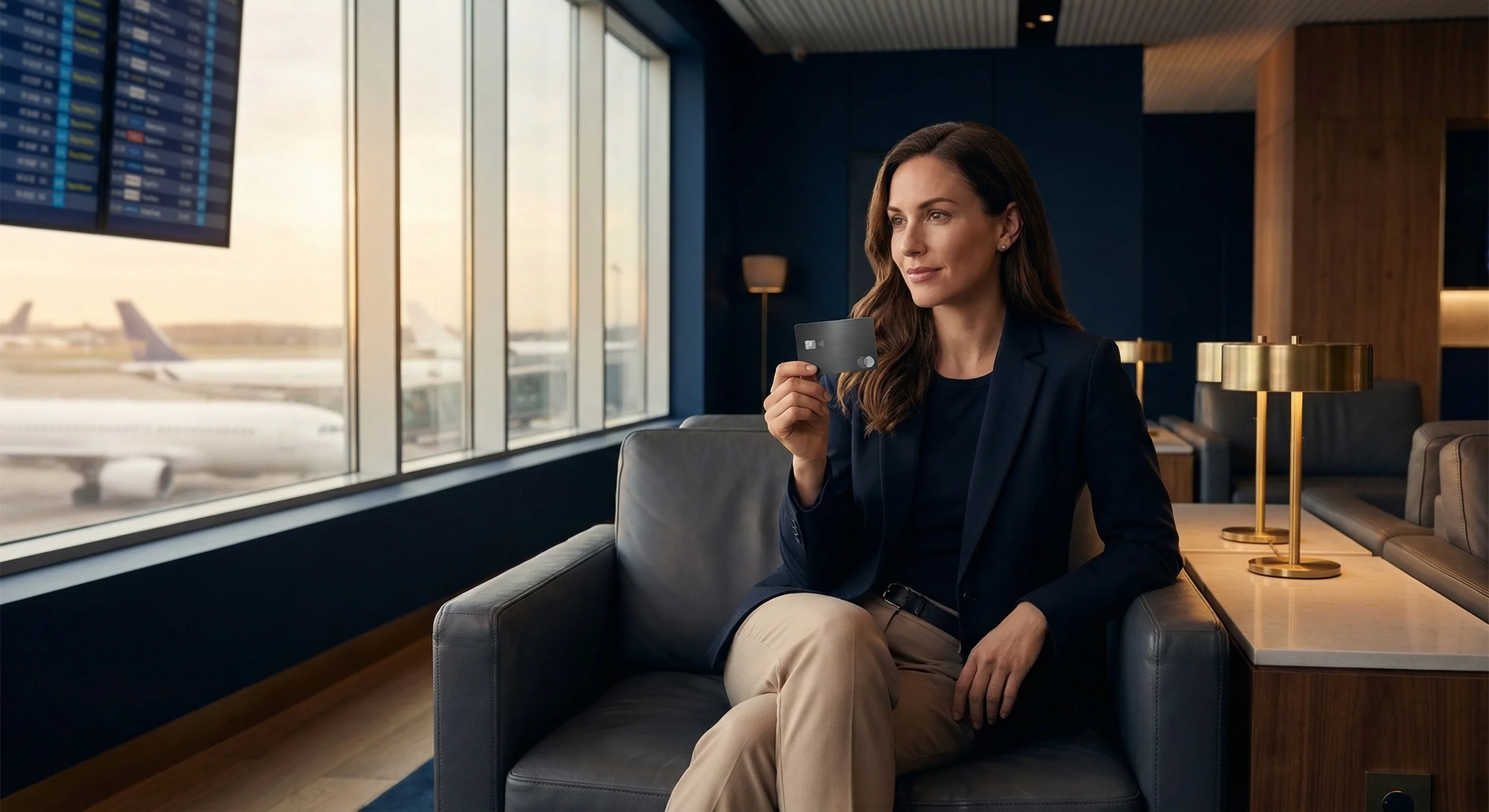 Parrainage American Express 2026 — Voyageuse dans un salon aéroport avec sa carte Amex